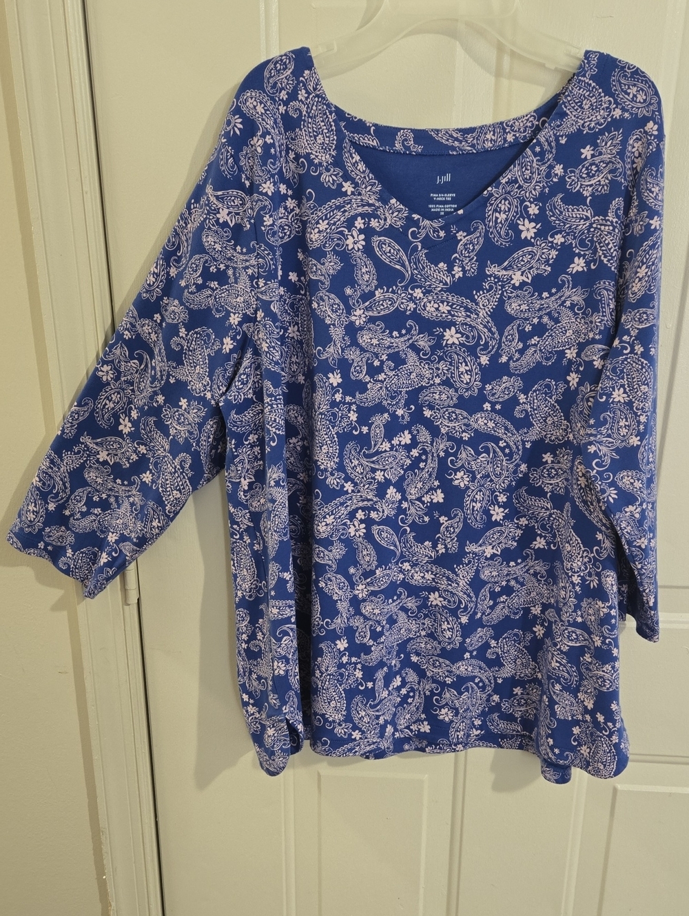 J. Jill Pima Cotton 3/4 Sleeve Paisley Print Tee 2X V-Neck Blue White Boho
